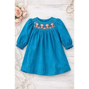 Zuccini Smocked Owl Dress Girls Size 6 Blue Boutique Cotton Long Sleeve